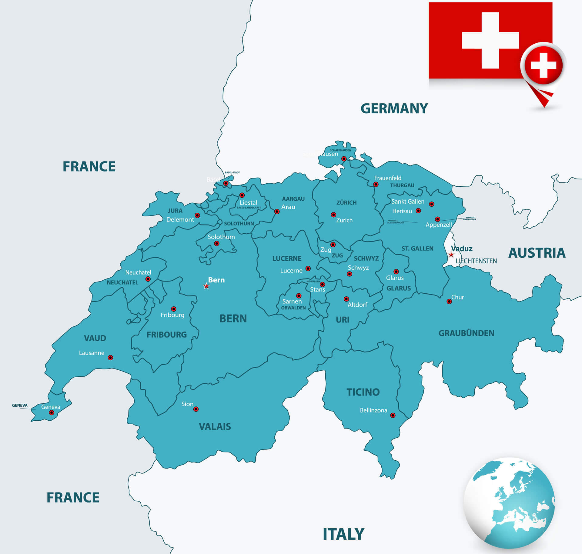 Switzerland Cities and Cantons Map